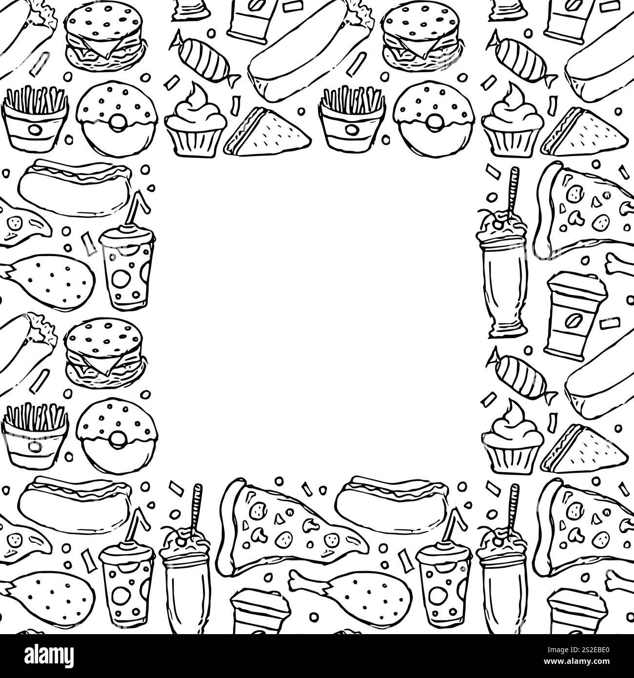Fastfood-Rahmen. Doodle Fast Food Hintergrund Stockfoto