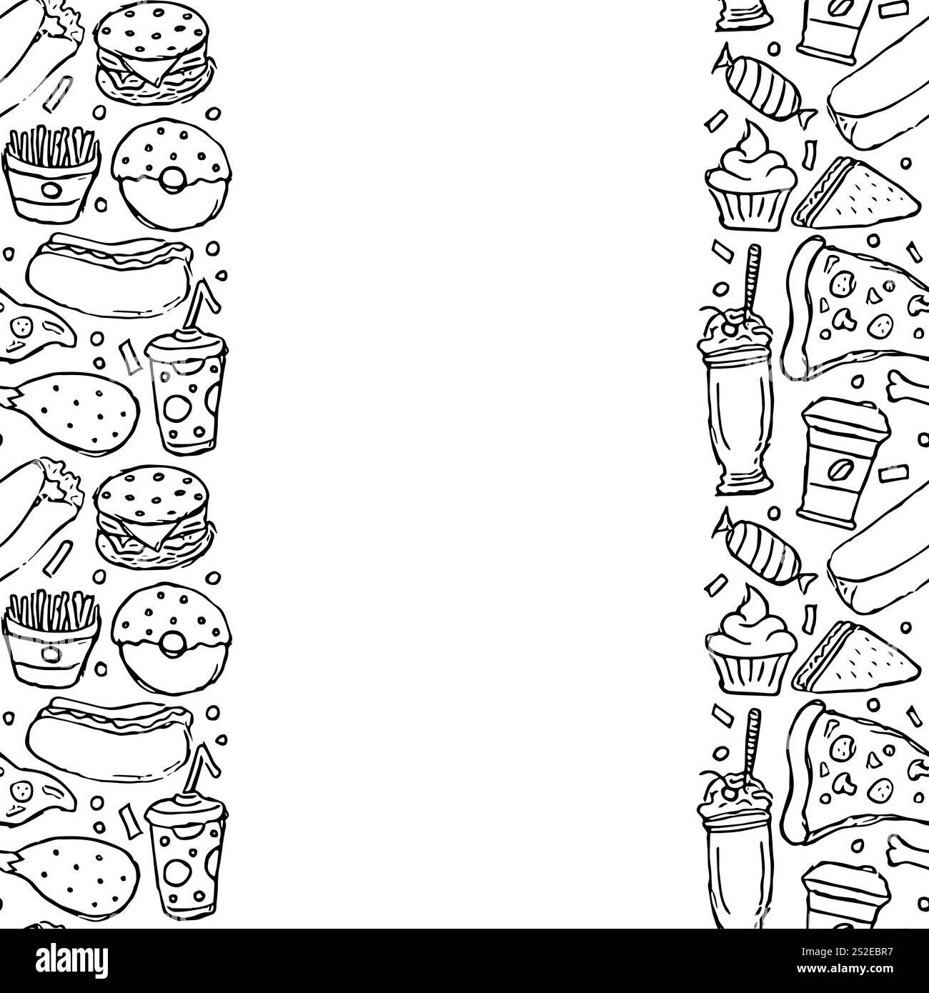 Fastfood-Rahmen. Doodle Fast Food Hintergrund Stockfoto