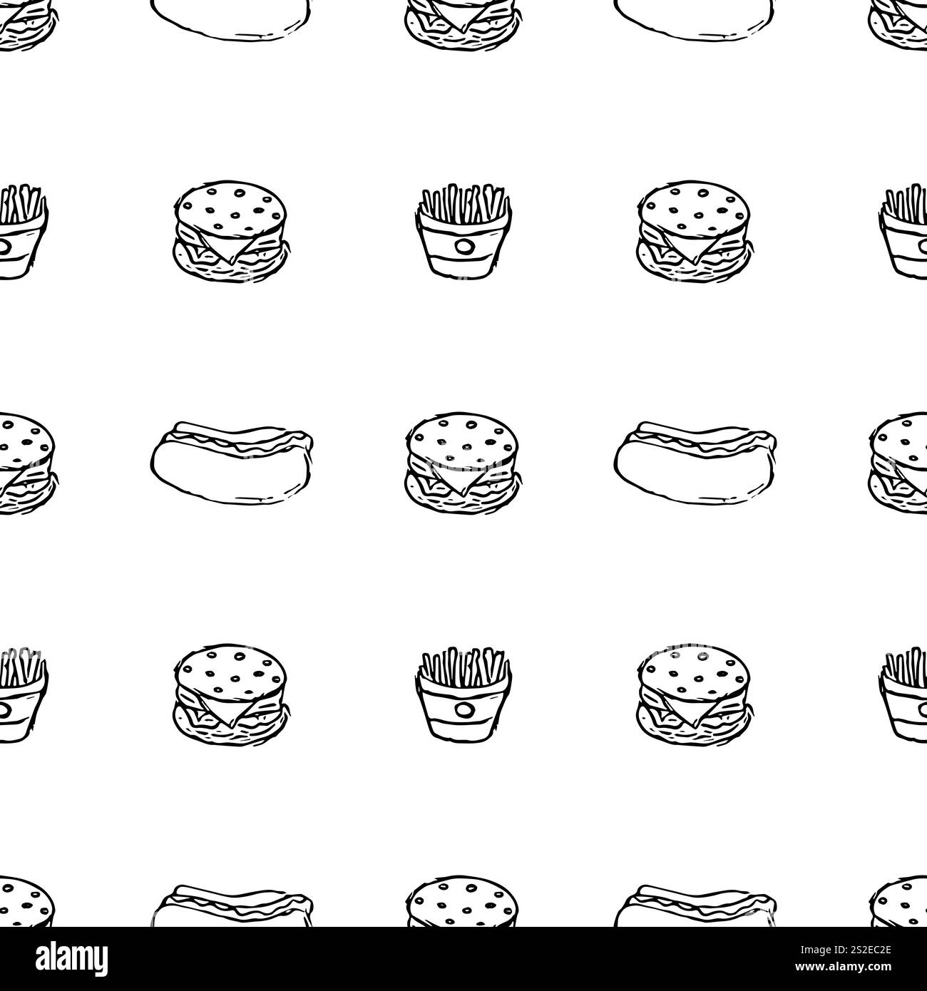 Nahtloses Fast Food-Muster. Illustration zum Fast Food. Gezeichnetes Lebensmittelmuster Stockfoto