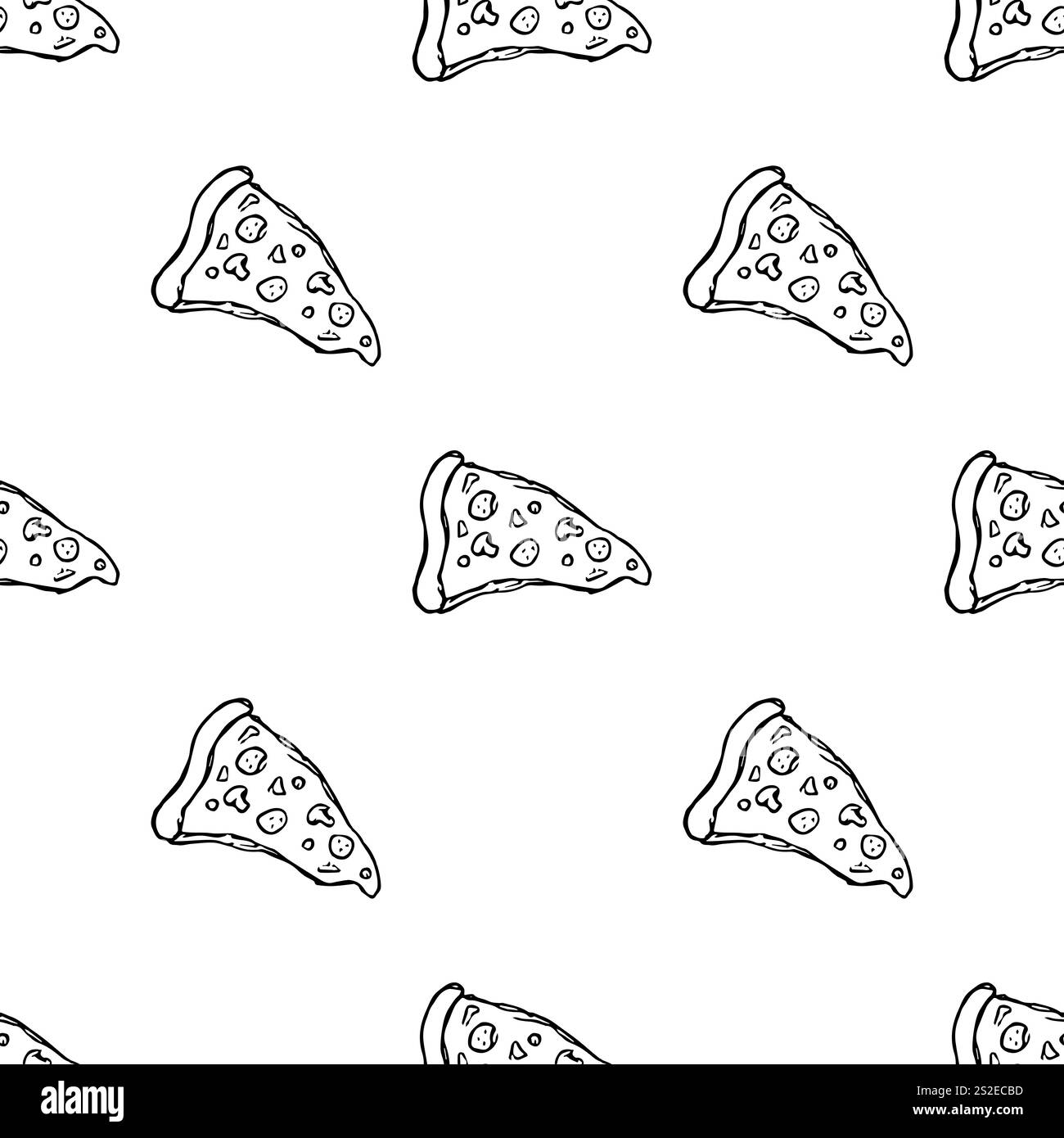 Nahtloses Pizzamuster. Hintergrund für Kritzelpizza. Fastfood-Muster Stockfoto