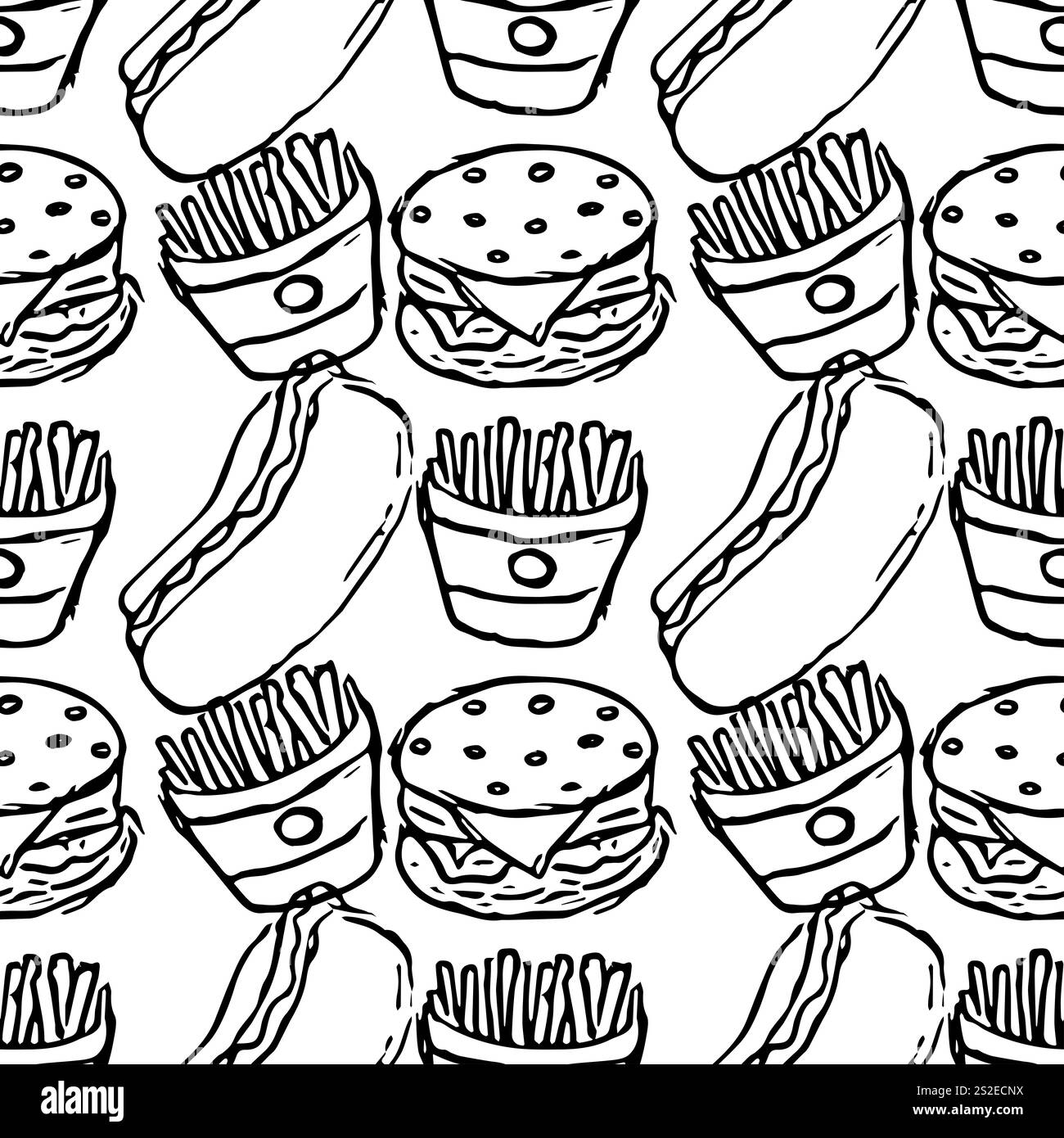 Nahtloses Fast Food-Muster. Illustration zum Fast Food. Gezeichnetes Lebensmittelmuster Stockfoto