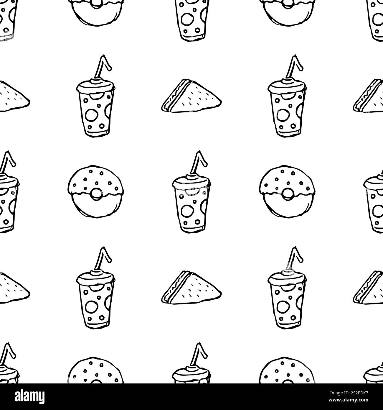 Nahtloses Fast Food-Muster. Illustration zum Fast Food. Gezeichnetes Lebensmittelmuster Stockfoto