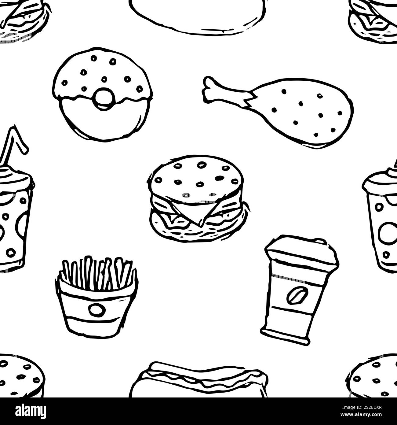 Nahtloses Fast Food-Muster. Illustration zum Fast Food. Gezeichnetes Lebensmittelmuster Stockfoto