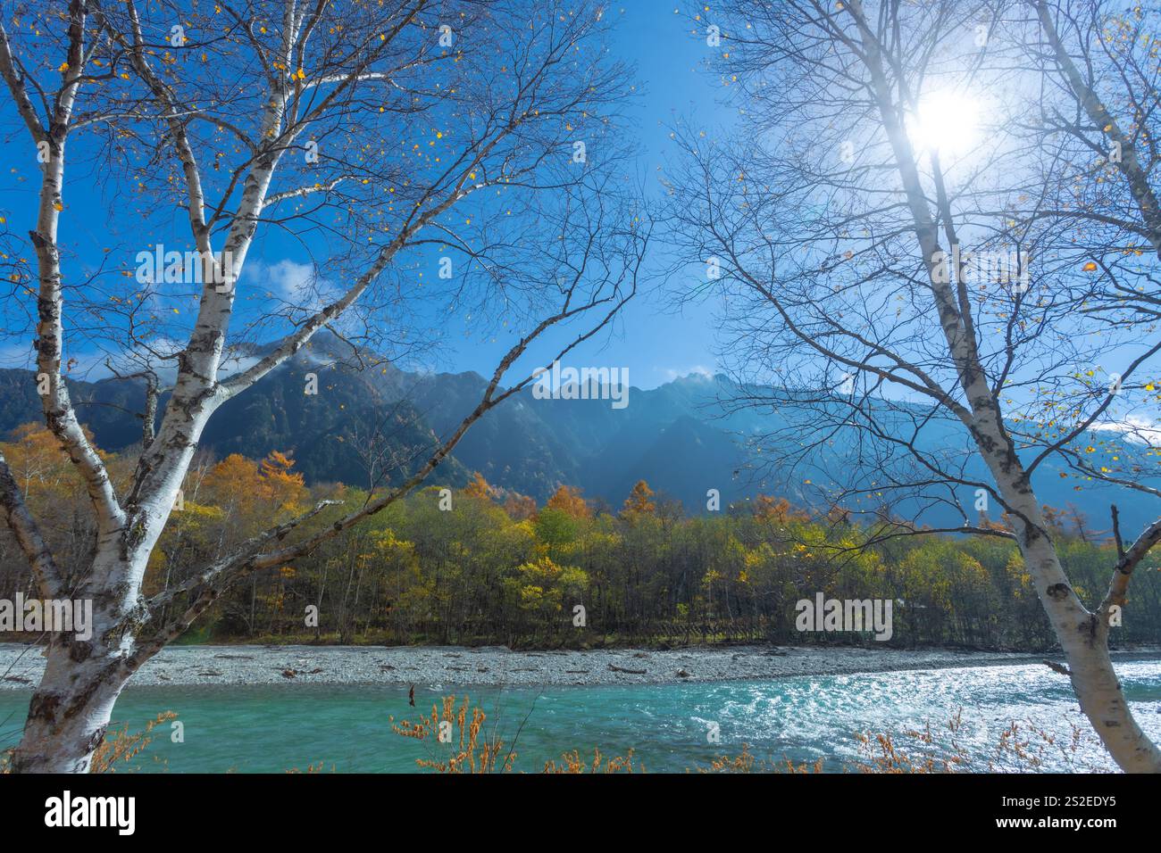 Kamikochi hat eine wunderschöne Atmosphäre, mit Bergen, Wildtieren und Bächen, gutem Wetter, besonders während des Herbstlaub, Teil der Japanischen alpen. Stockfoto