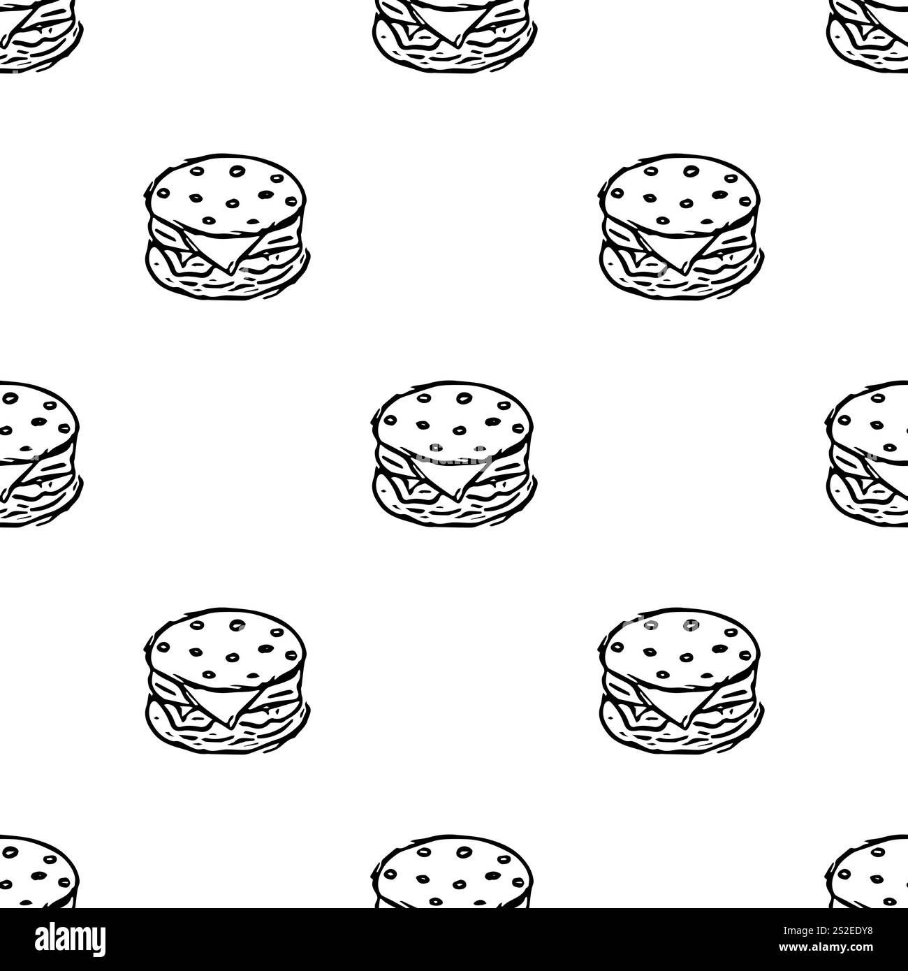 Nahtloses Burger-Muster. Gezeichneter Hamburger Hintergrund. Kritzele handgezeichnete Hamburger-Illustration Stockfoto
