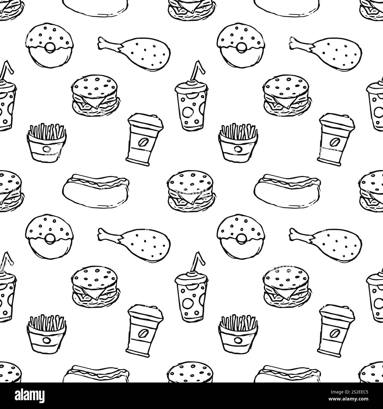 Nahtloses Fast Food-Muster. Illustration zum Fast Food. Gezeichnetes Lebensmittelmuster Stockfoto