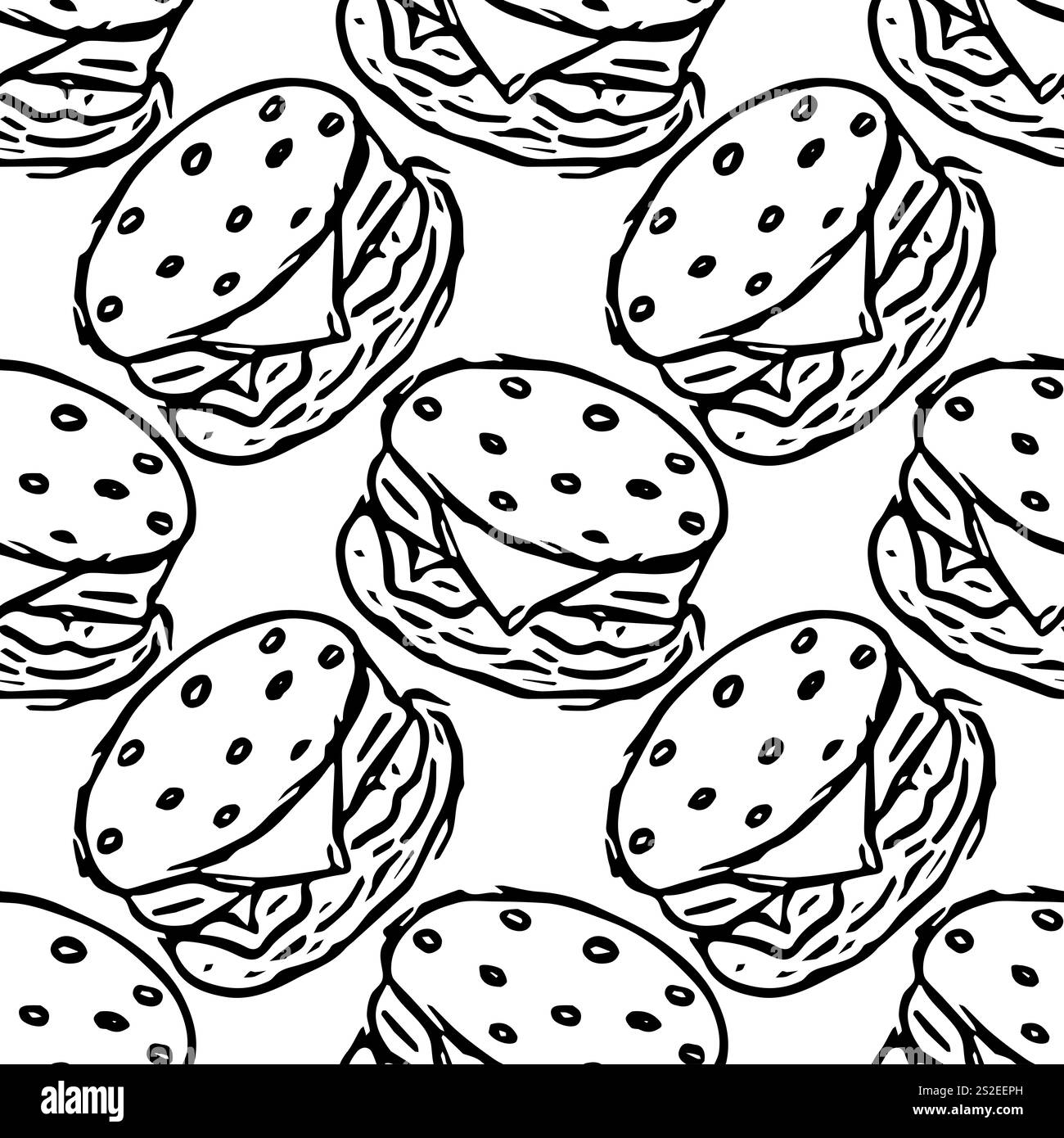 Nahtloses Burger-Muster. Gezeichneter Hamburger Hintergrund. Kritzele handgezeichnete Hamburger-Illustration Stockfoto