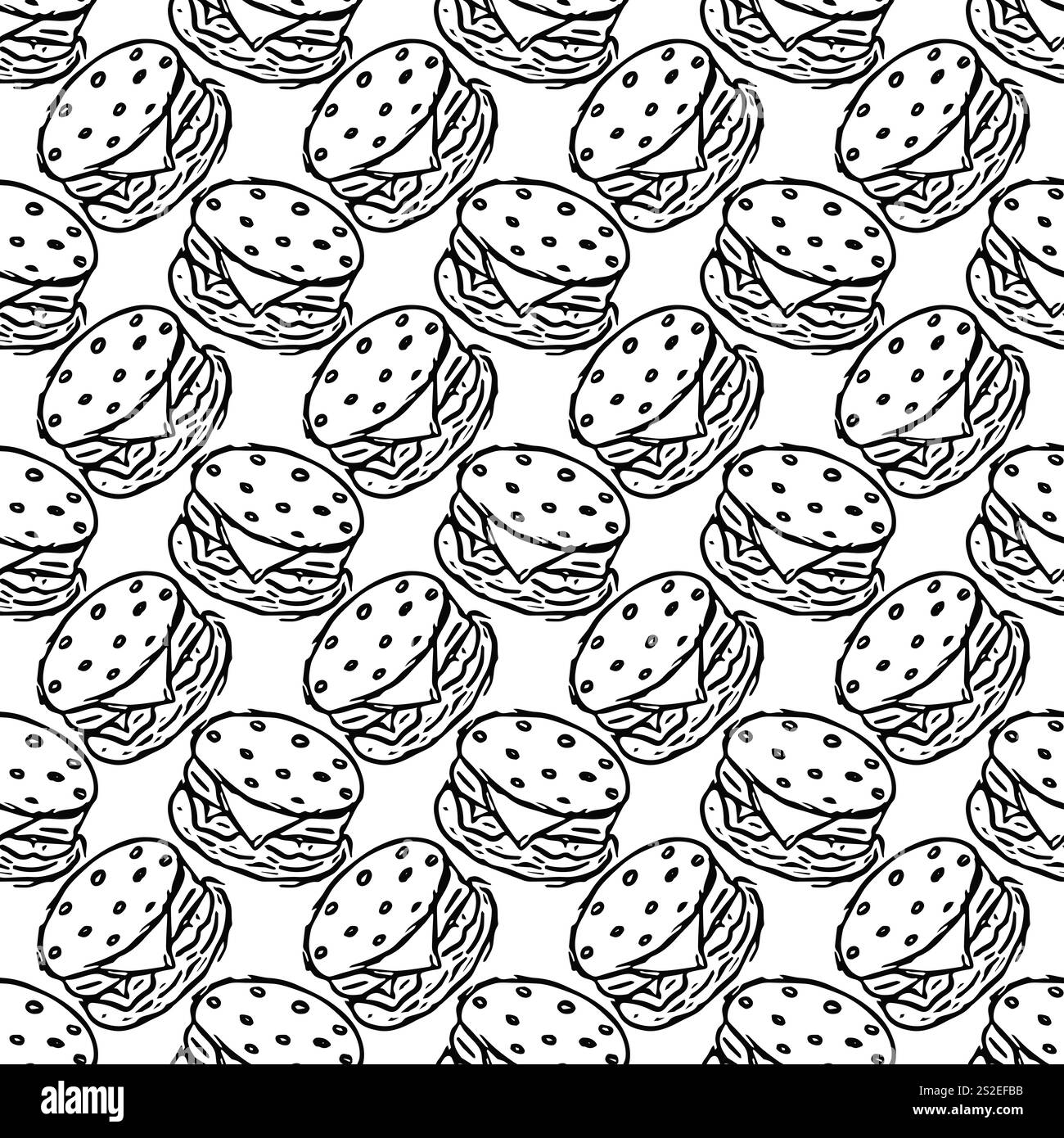 Nahtloses Burger-Muster. Gezeichneter Hamburger Hintergrund. Kritzele handgezeichnete Hamburger-Illustration Stockfoto