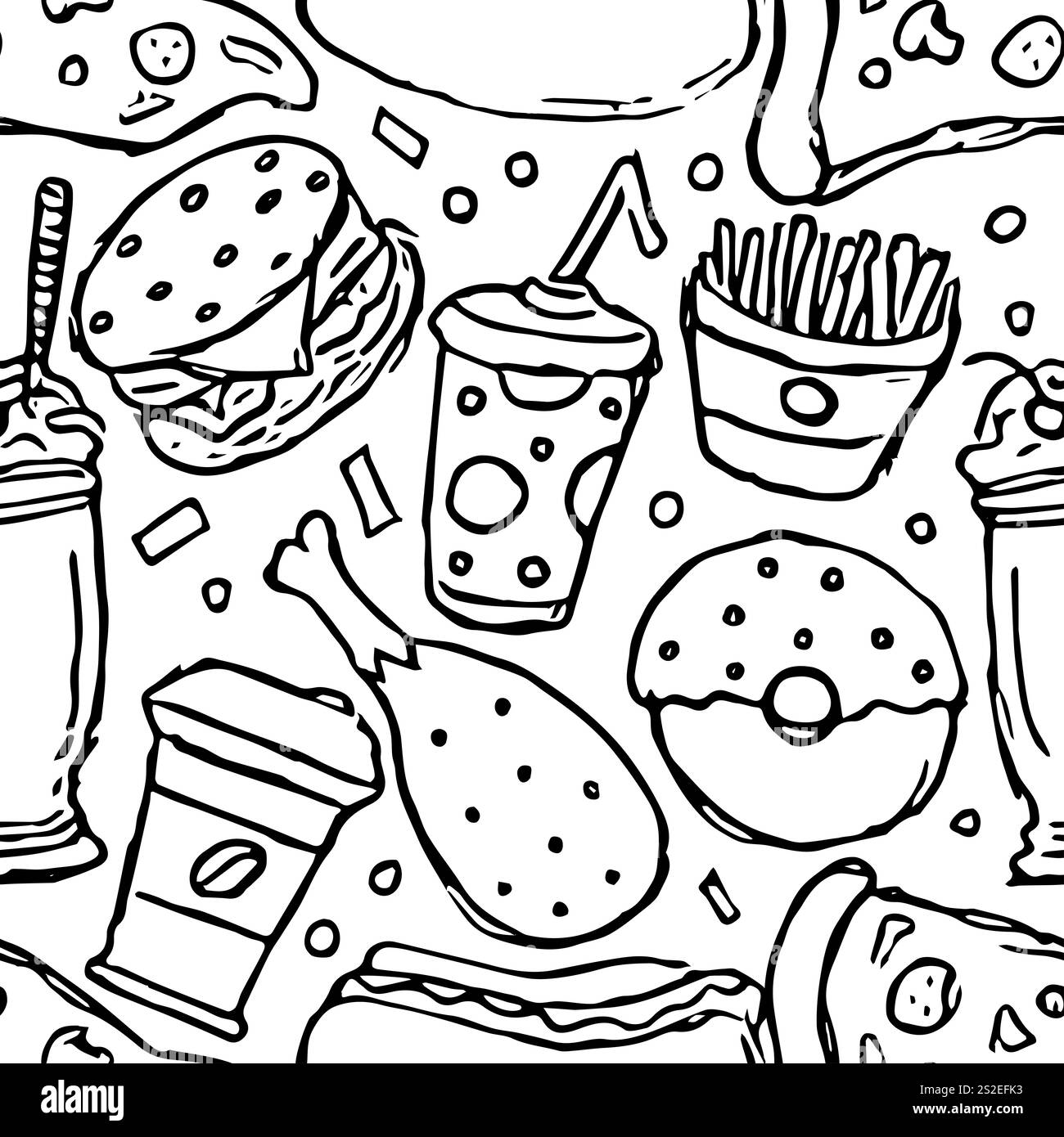 Nahtloses Fast Food-Muster. Illustration zum Fast Food. Gezeichnetes Lebensmittelmuster Stockfoto