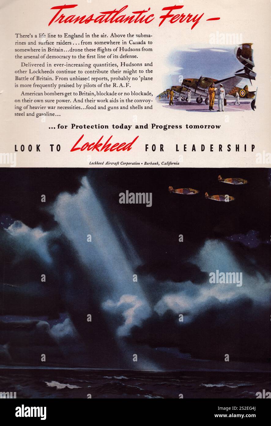 Lockheed Aircraft Hudsons Airplanes of World war 2 Battle of Britain, amerikanische Werbung 1940er Jahre Stockfoto