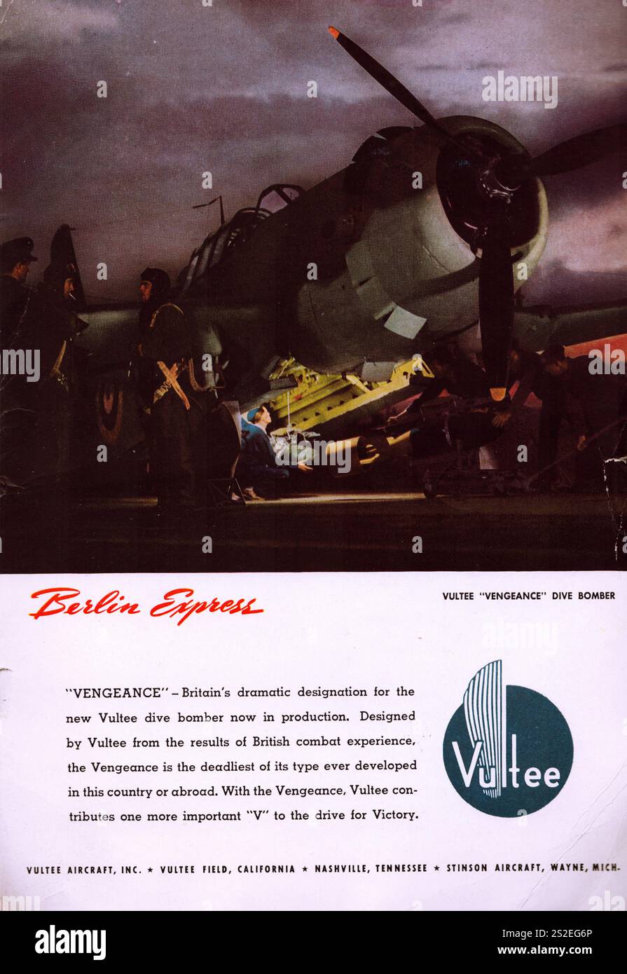 Vultee Aircraft Inc Vengeance Dive Bomber, amerikanische Werbung 1940er Jahre Stockfoto