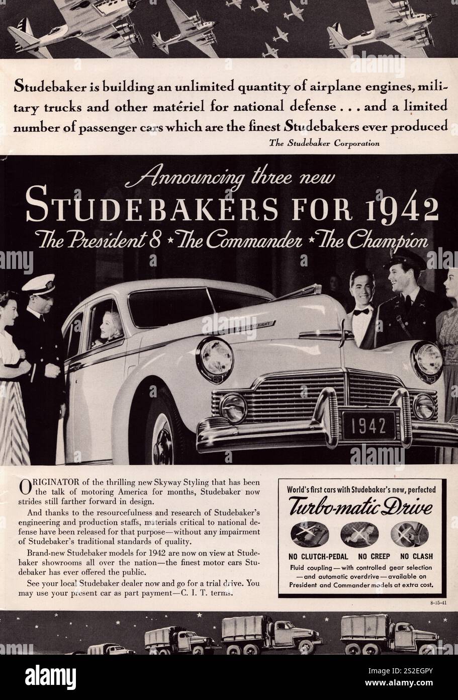 Studebaker amerikanische Werbung 1940er, Studebaker für 1942 der Präsident 8, der Commander, das Chamion Skyway Styling Turbo-Matic Drive Stockfoto