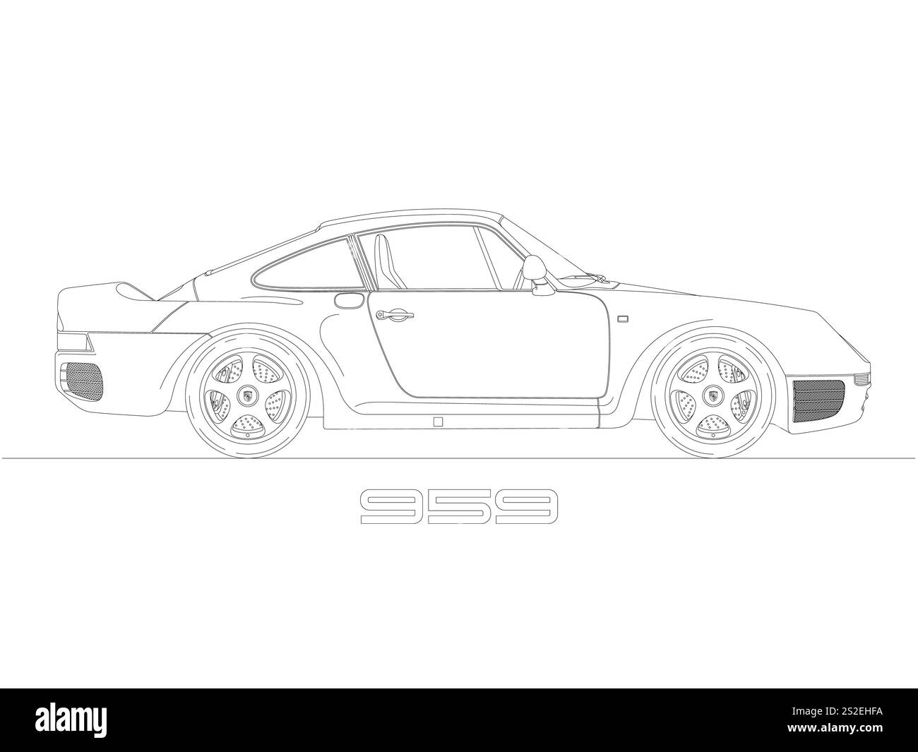 Deutschland, Jahr 1986, Porsche 959 Oldtimer und klassischer Sportwagen, Silhouette auf weißem Hintergrund, Illustration Stockfoto