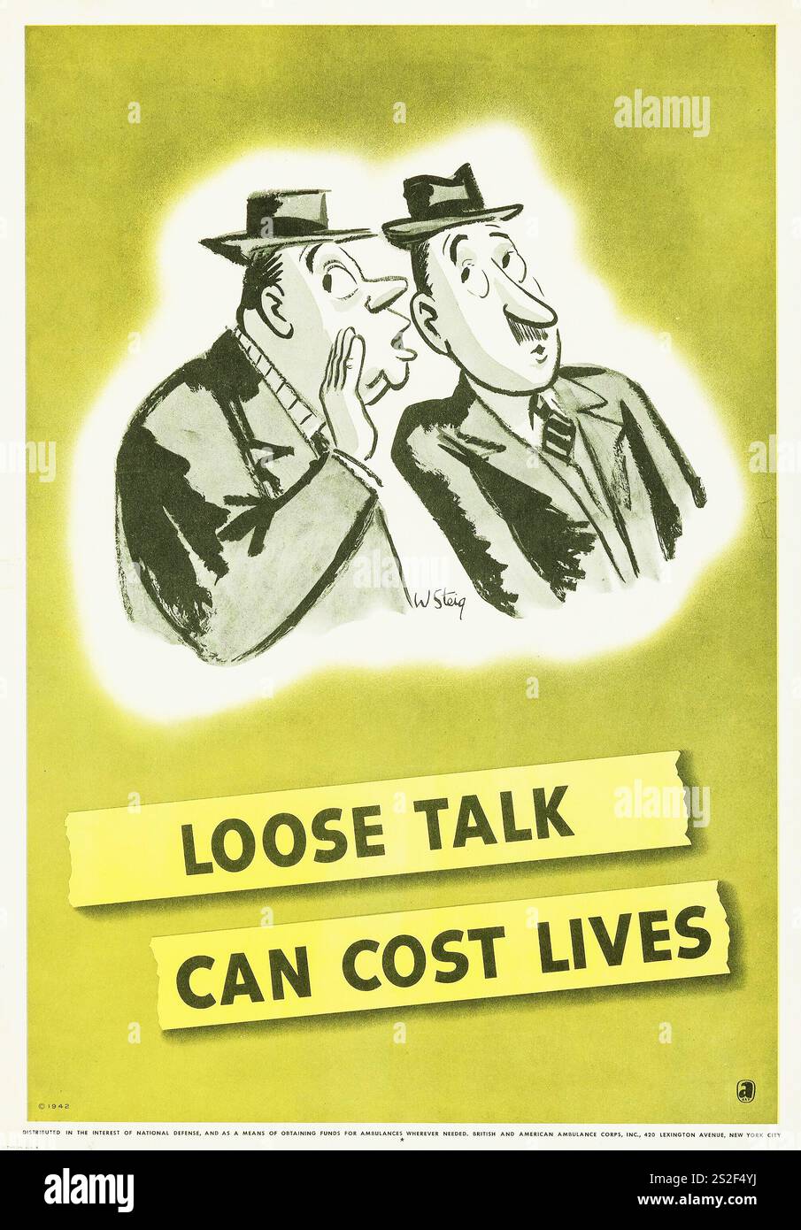 World war II (British-American Ambulance Corps Inc., 1942) Propaganda-Poster „Loose Talk Can Cost Lives“, William Steig Artwork – Ein Mann flüsternd Stockfoto
