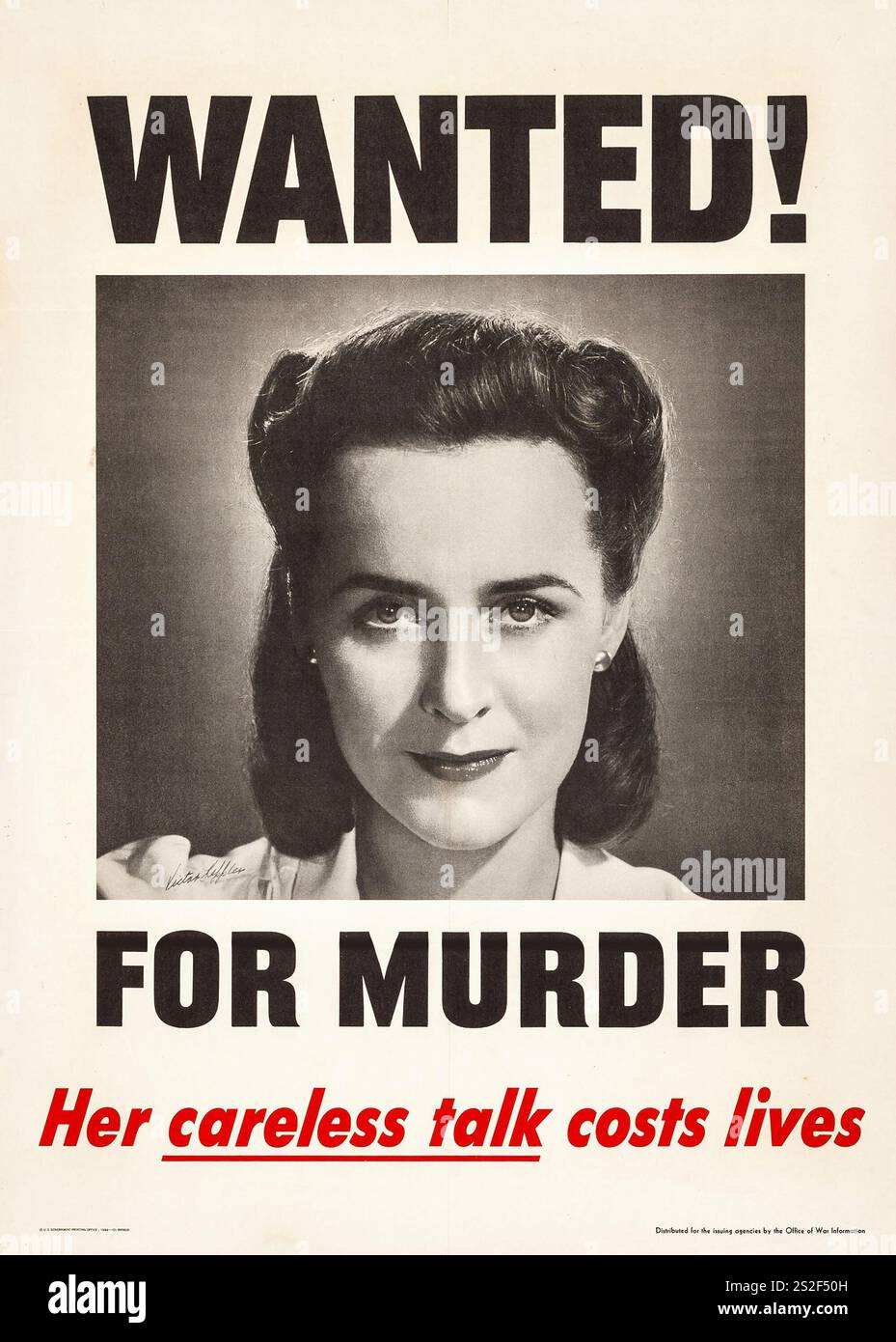 Propaganda des Zweiten Weltkriegs (U.S. Government Printing Office, 1944). Poster "wegen Mordes gesucht - ihr leichtsinniges Gerede kostet Leben." Foto von Victor Keppler Stockfoto