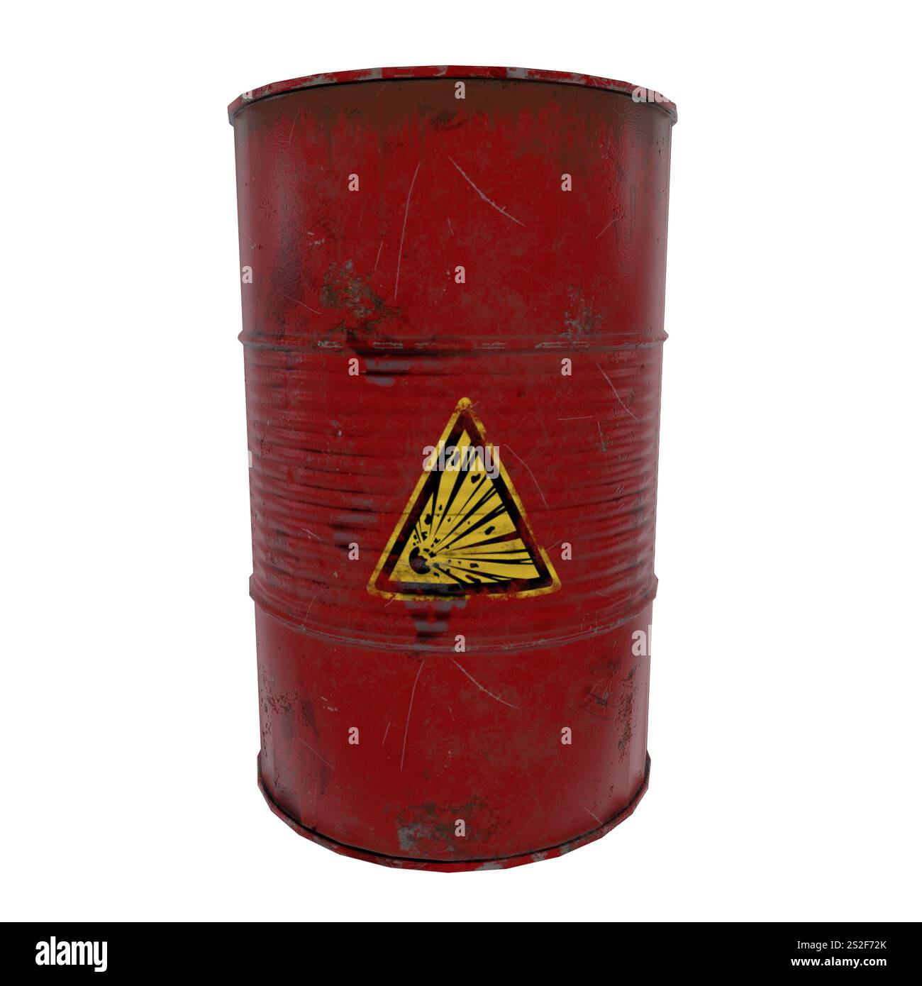 Ein rostroter Fass mit Warnschild steht allein vor weißem Hintergrund. Stockfoto