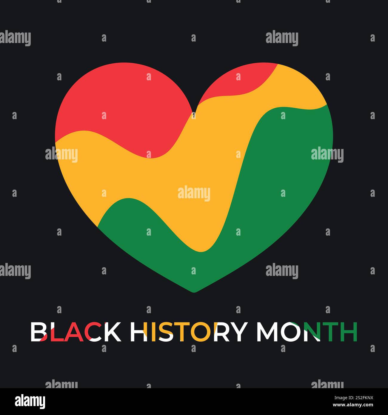 Black History Month feiern. Welliges rotes, grünes, gelbes Herz auf schwarzem Hintergrund. Vektorabbildung Stock Vektor