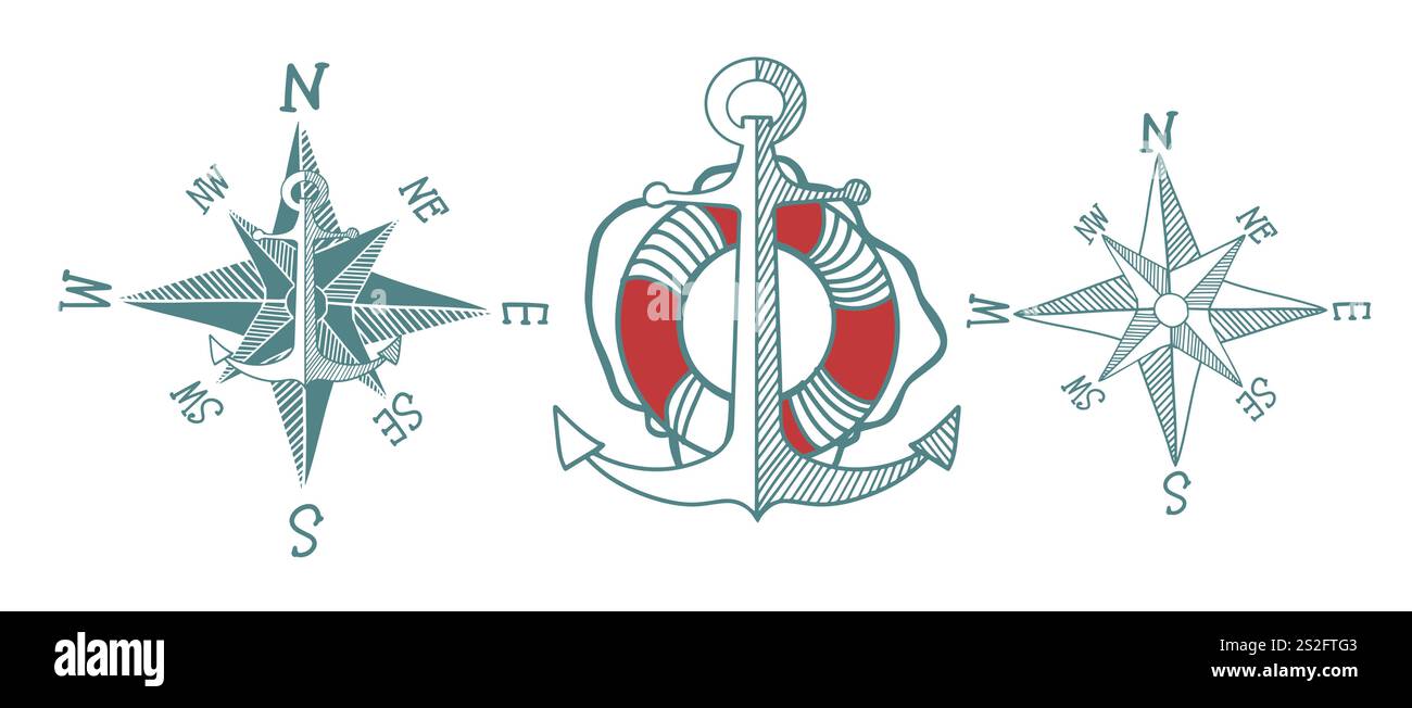 Set von Seesymbolen, Windrose und Anker. Nicht AI, Vektorillustration Stock Vektor
