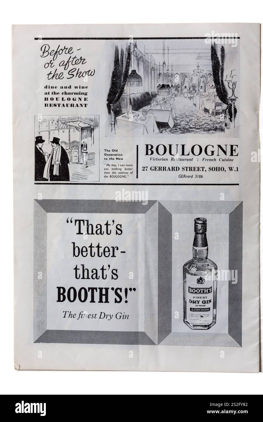 Anzeige im My Fair Lady-Programm gedruckt am 3/62 auf weißem Hintergrund - Inside Advert für Boulogne und Booths Gin Stockfoto