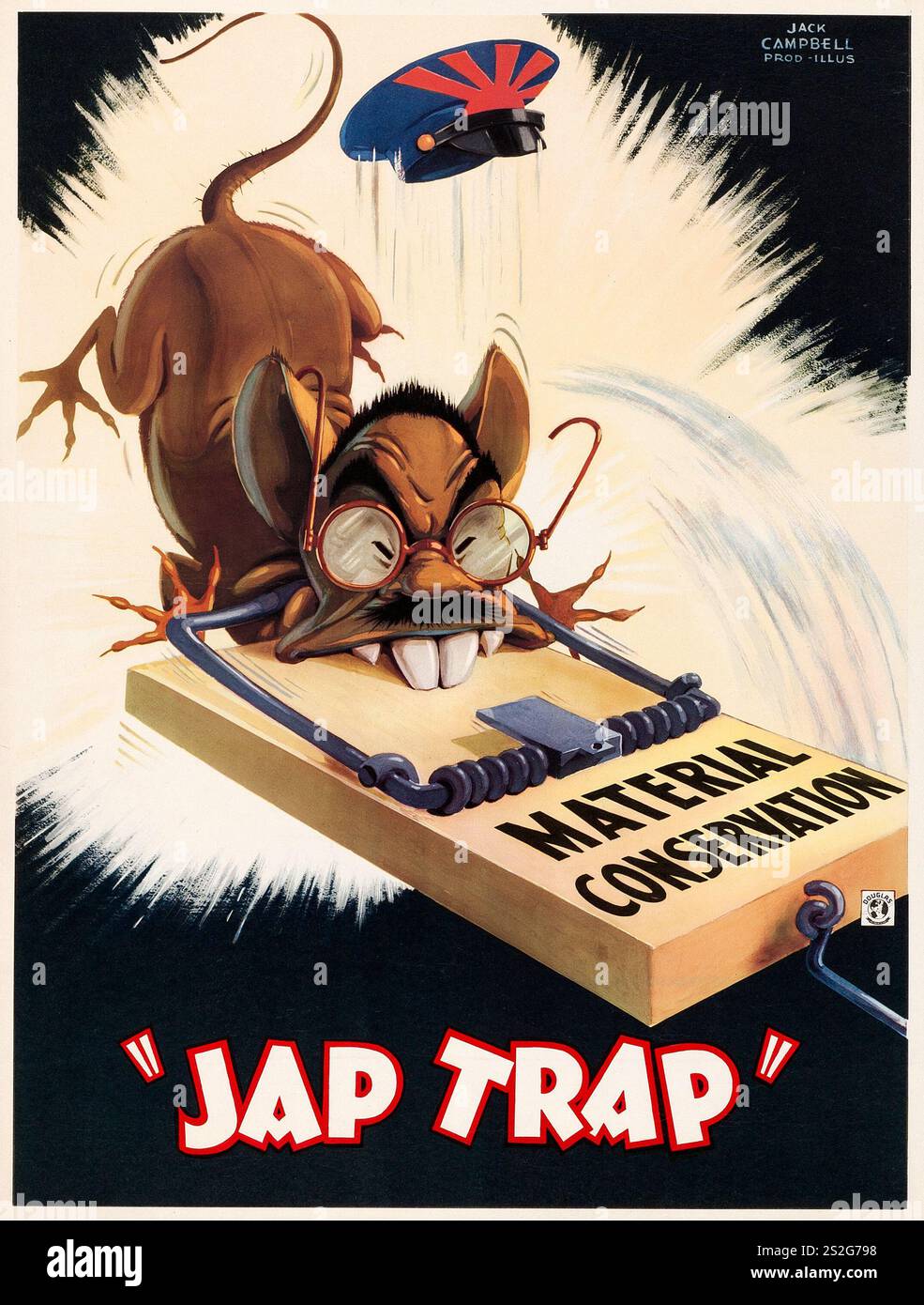 Propaganda-Poster des Zweiten Weltkriegs (Douglas-Flugzeuge, Anfang der 1940er Jahre). „Jap Trap“, Materialerhaltung. Jack Campbell Artwork - Japanischer Kaiser Hirohito in einer Mausefalle gefangen Stockfoto