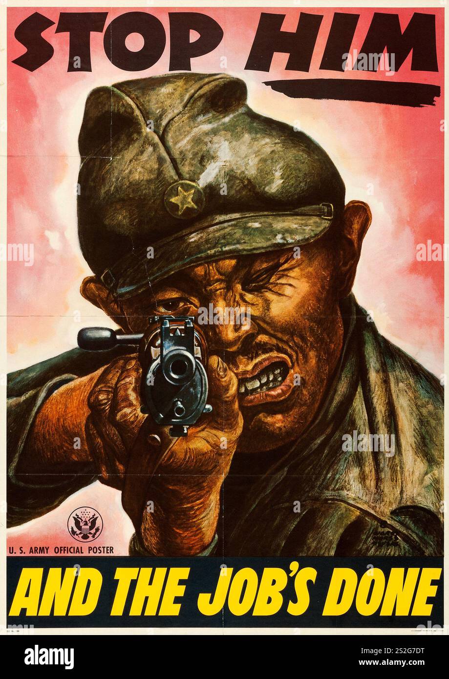 Japanischer Soldat - Propagandaplakat des Zweiten Weltkriegs (Druckbüro der US-Regierung, 1944) „Stop HIM and the Job is done“ Harry Morse Meyers Artwork – Anti Japan – US Army Poster Stockfoto