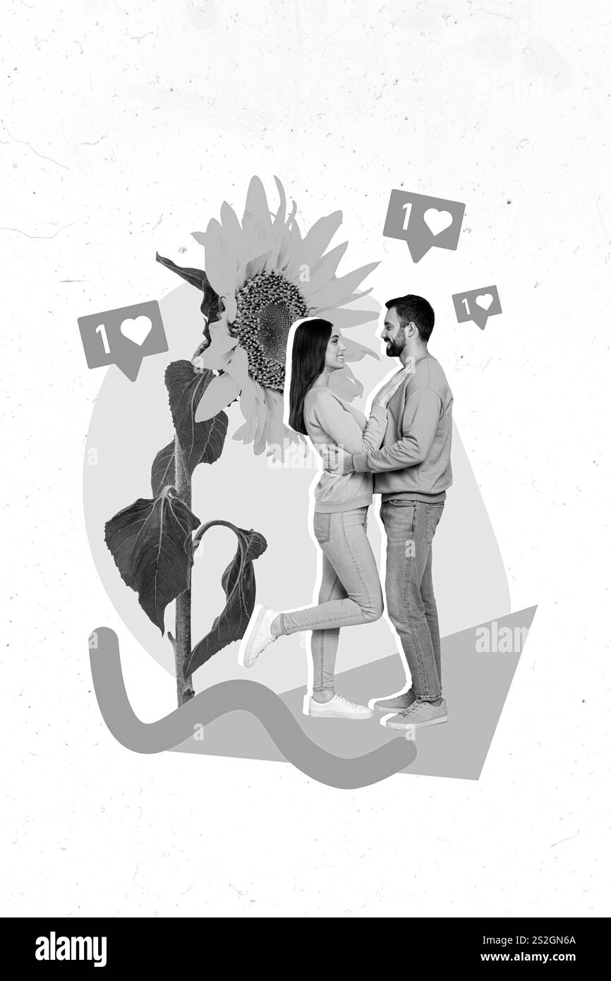 Vertikale Collage Bild von zwei positiven Partnern Schwarz Weiß Farben kuscheln große Sonnenblumen wie Benachrichtigung ukrainisch Blau Gelb Farben Stockfoto