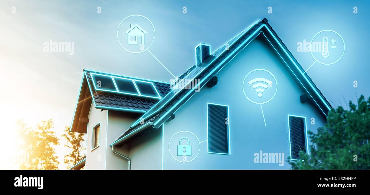 Modernes Smart Home mit leuchtenden Technologiesymbolen Stockfoto
