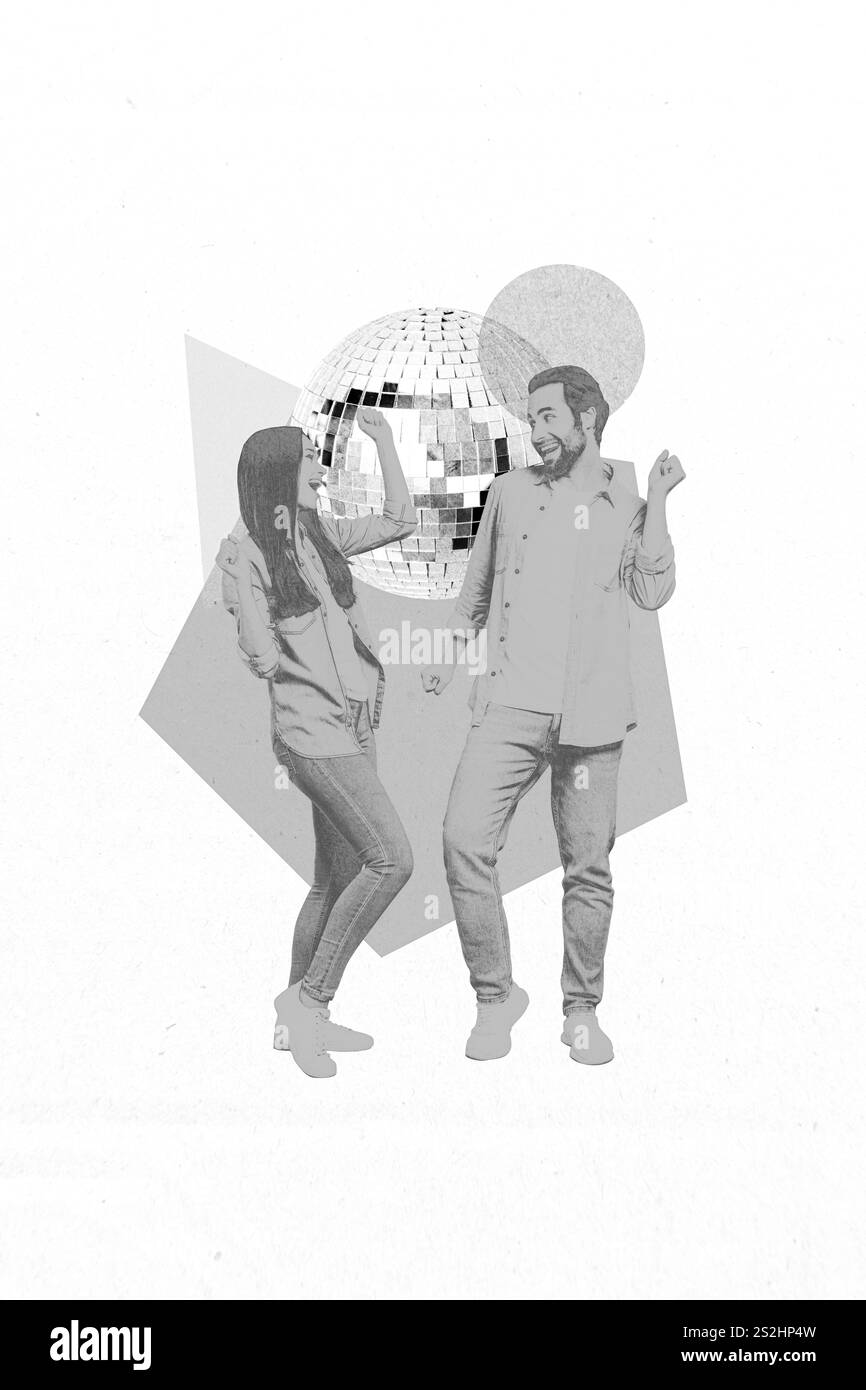 Kreatives Foto 3D Collage Kunstwerke von lustigen, flippigen Menschen tanzen Nachtclub Have fun Celebrate Event Wochenende isoliert auf Malhintergrund Stockfoto