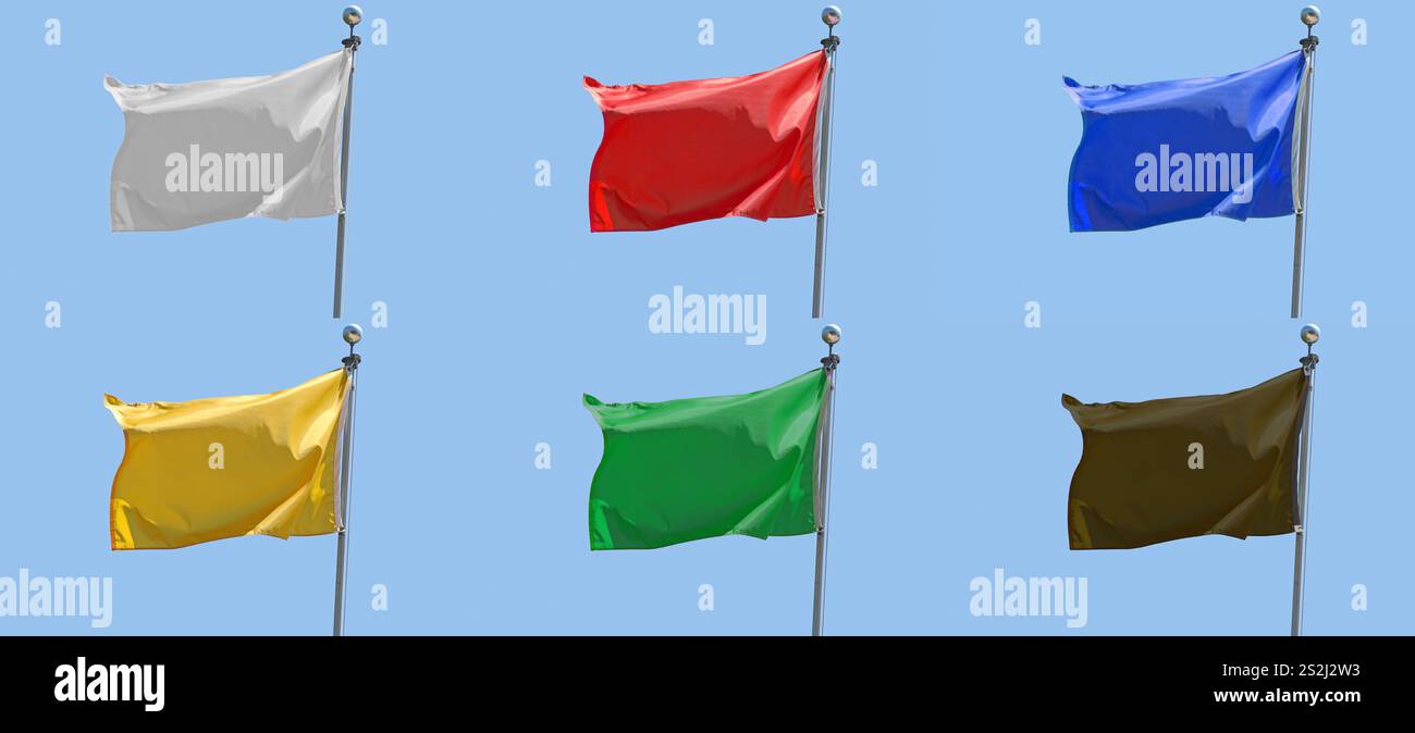 Sechs Flaggen in verschiedenen Farben fliegen in einer steifen Brise gegen einen klaren blauen Himmel. Stockfoto
