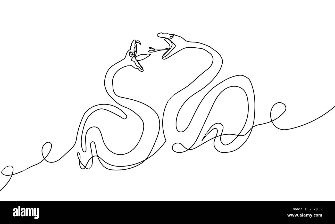 Fortlaufende Linienzeichnung zweier verliebter Schlangen. Eine Linienzeichnung Stock Vektor