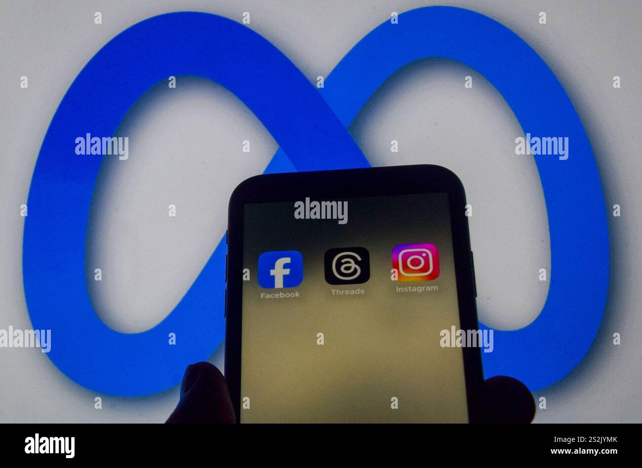 London, Großbritannien. Januar 2025. Facebook-, Threads- und Instagram-Apps auf einem Telefonbildschirm und das Meta-Logo im Hintergrund, als Meta-Gründer Mark Zuckerberg ankündigt, dass der Social-Media-Gigant die Zensur reduzieren wird, mehr politische Inhalte empfehlen und Faktenüberprüfungen in seinen Apps entfernen wird und sie durch „Community Notes like like X“ ersetzt. Quelle: Vuk Valcic/Alamy Stockfoto