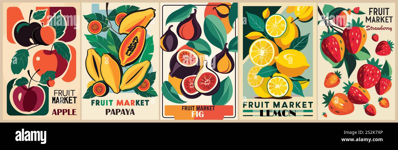 Set abstrakter Obstmarkt-Retro-Poster. Stock Vektor