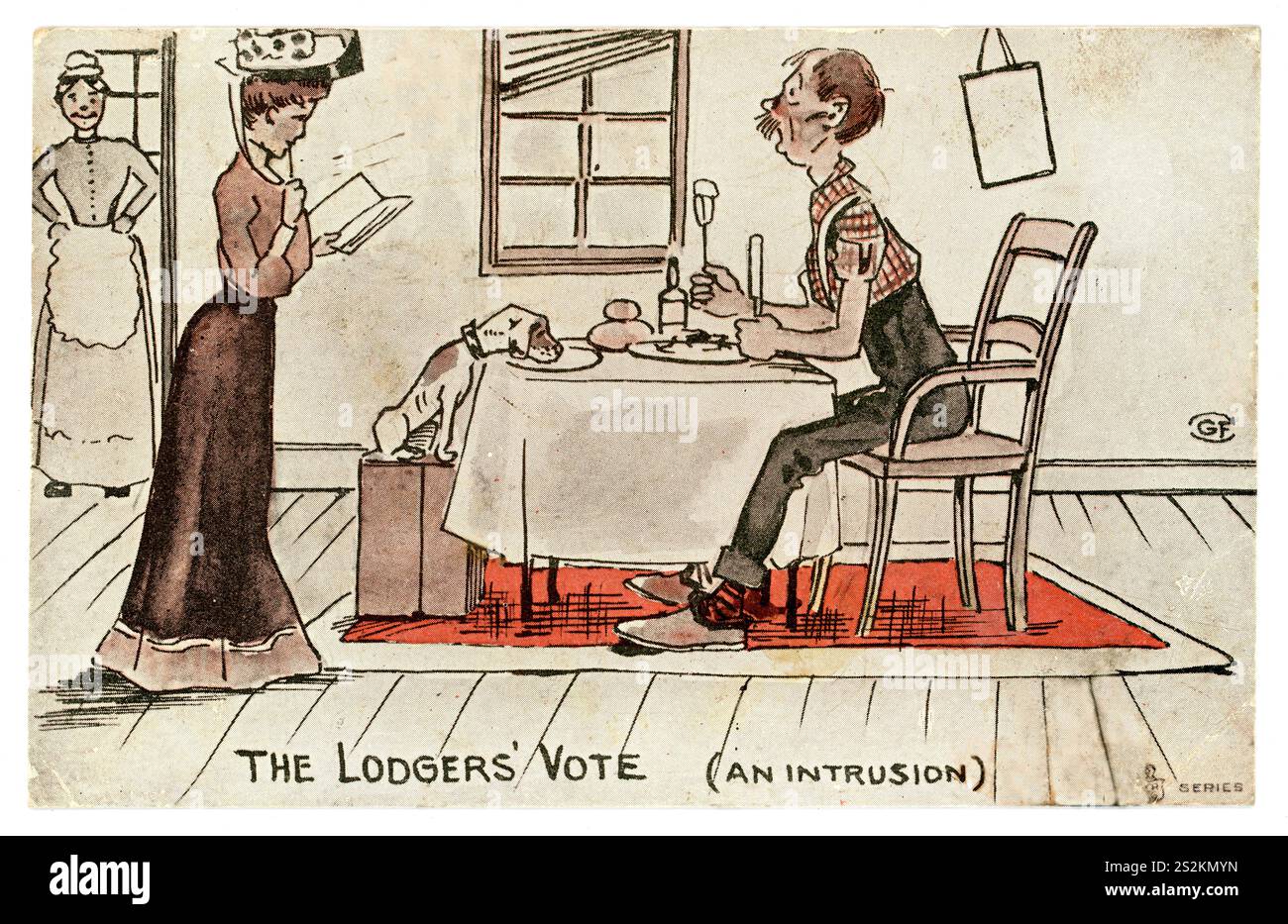 Original-eduwardianische Anti-Suffragette-Postkarte, The Lodgers' Vote, von GF Christie. Es bezieht sich auf das zweite Reformgesetz von 1867, das die Stimme allen Haushältern in den Bezirken sowie den Mietern gewährte, die eine Miete von 10 £ pro Jahr oder mehr zahlten (aber Frauen waren immer noch von der Abstimmung ausgeschlossen), datiert vom 28. April 1906. Stockfoto Original-eduwardianische Anti-Suffragette-Postkarte, The Lodgers' Vote, von GF Christie. Es bezieht sich auf das zweite Reformgesetz von 1867, das die Stimme allen Haushältern in den Bezirken sowie den Mietern gewährte, die eine Miete von 10 £ pro Jahr oder mehr zahlten (aber Frauen waren immer noch von der Abstimmung ausgeschlossen), datiert vom 28. April 1906. Stockfoto
