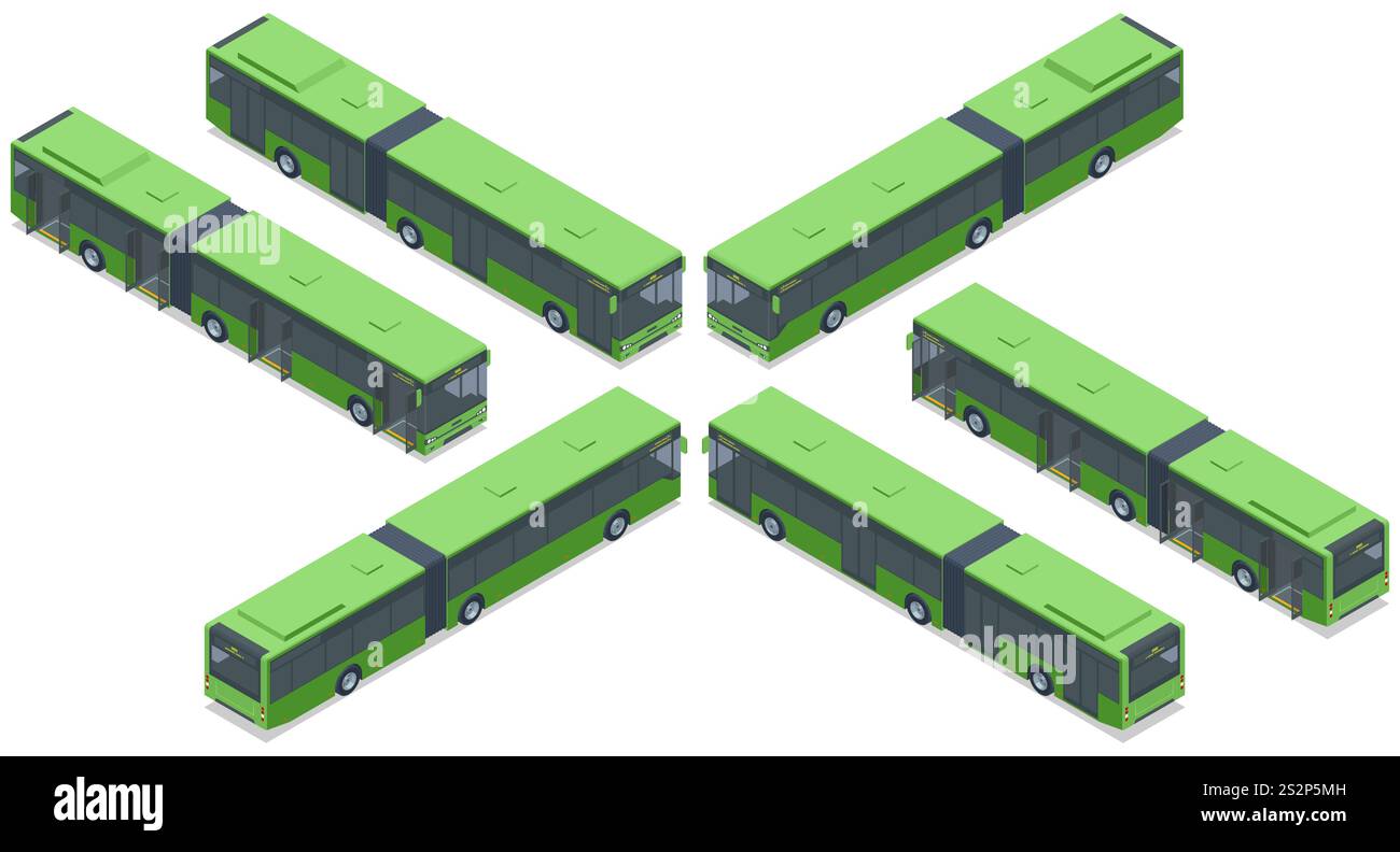 Grüne Gelenkbusse. Isometrische Vektordarstellung grüner Gelenkbusse. Ideal für Stadtverkehr und Umweltkonzepte Stock Vektor