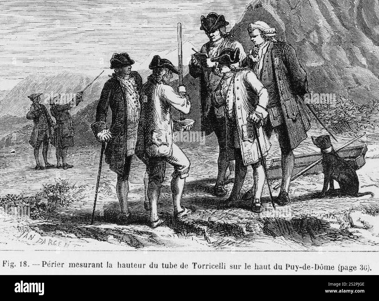 Florin Périer, der den Quecksilbergehalt in einem Torricelli-Barometer nahe der Spitze des Puy de Dôme misst. Stockfoto