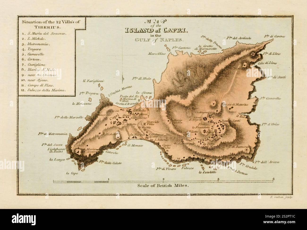 Vintage Archiv Buch Platte Karte von Naplesthe Insel Capri, Italien . 1800 Stockfoto