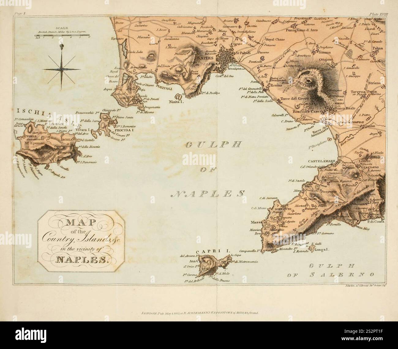 Vintage-Archiv Buchplatte Karte von Neapel / Neapel und Umgebung. 1800 Stockfoto