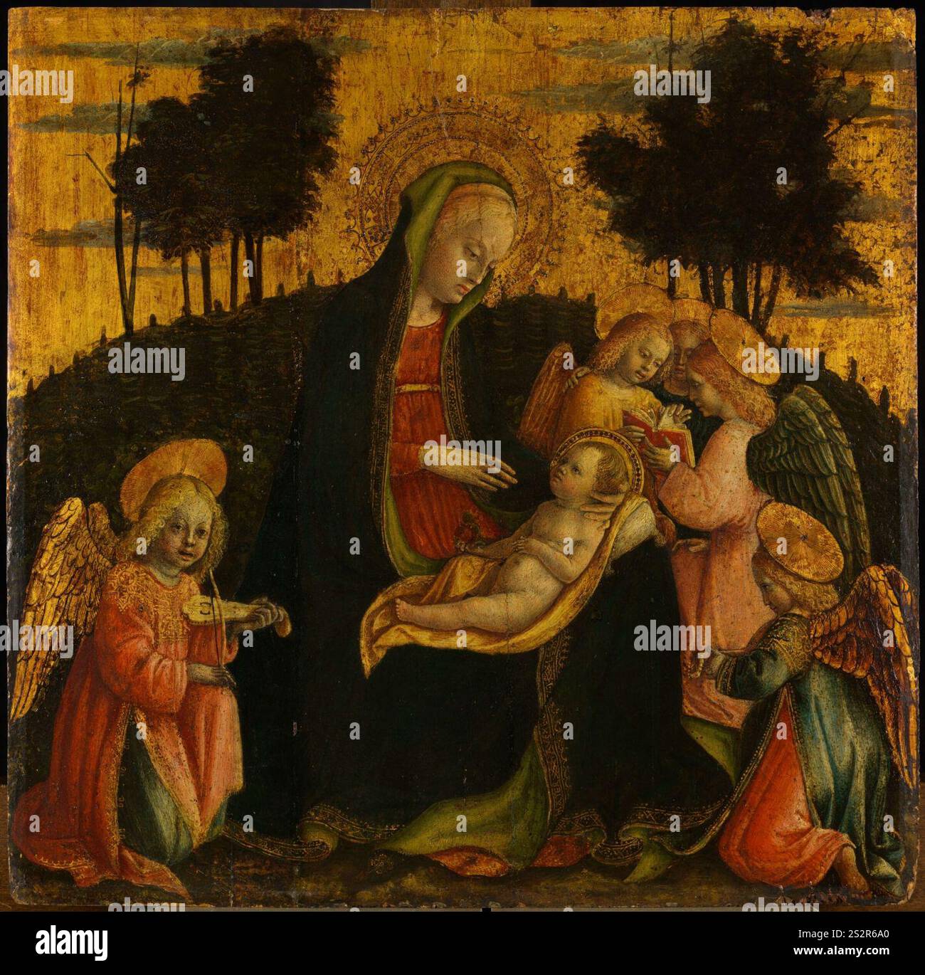 Foppa - Madonna und Kind mit Granatapfel und fünf Engeln, ca. 1450-55, olvwork664217. Stockfoto