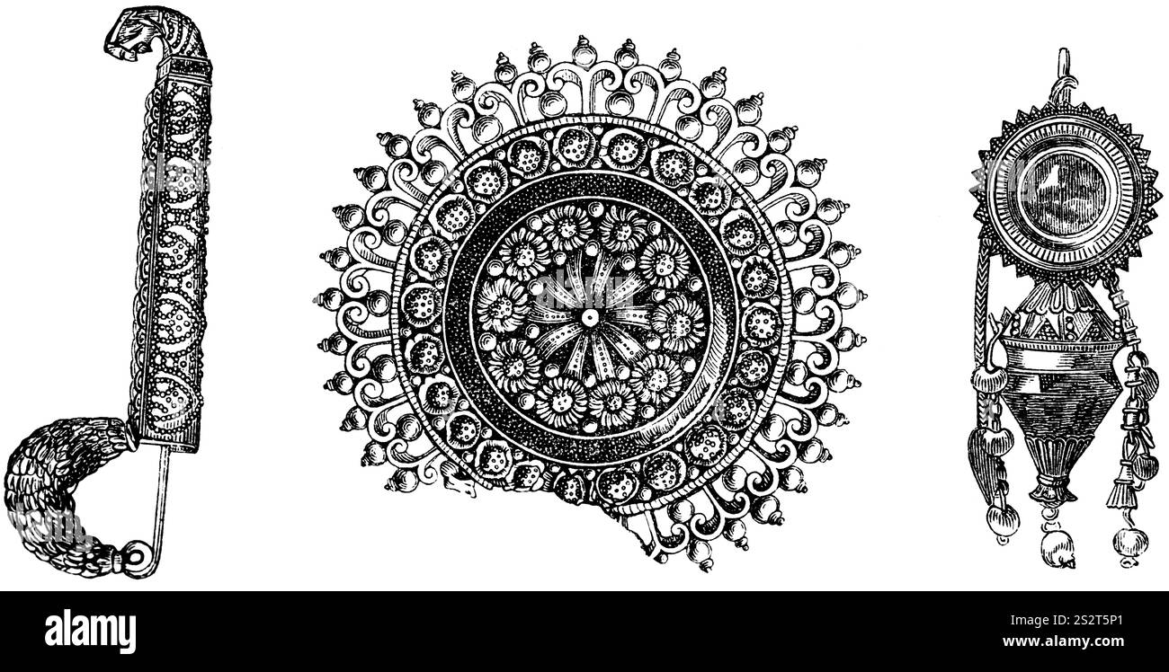 Reich verzierte etruskische Bronzeschmuck, etruskische Fibula oder Verschluss (l), Brosche (M) und Ohrringe (r), Meisterwerke der Ornamentik, Archäologie, His Stockfoto