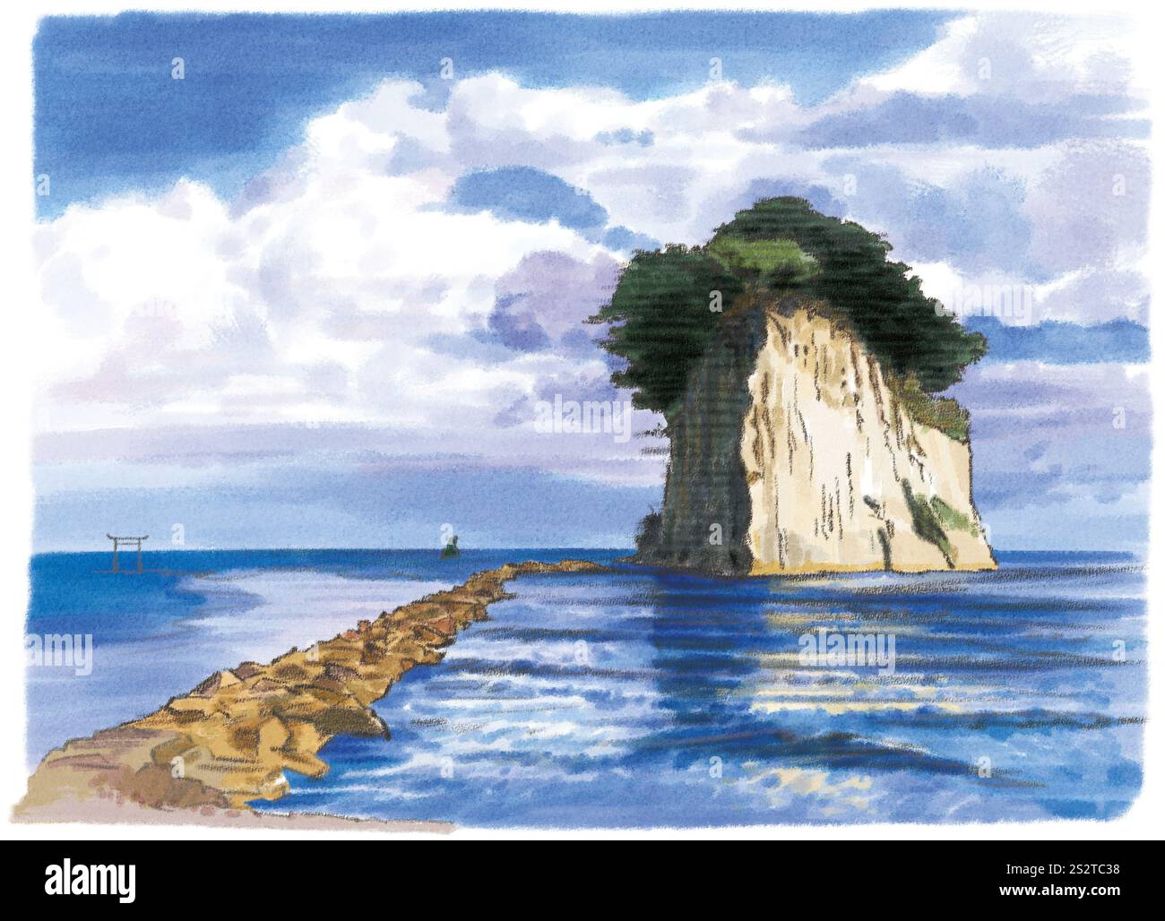 Mitsuke Island erhebt sich majestätisch über dem Meer Stockfoto