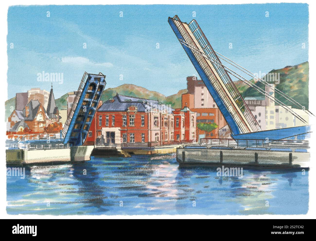 Eine Federbrücke verbindet die Verbindungen der Menschen Blue Wing Moji und Mojiko Port Retro Stockfoto