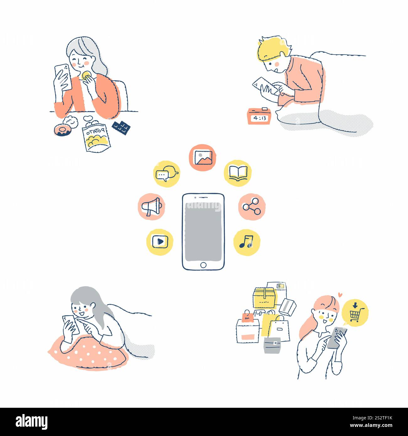 Mehrere Männer und Frauen, die sich das Smartphone-Variantenset ansehen Stockfoto