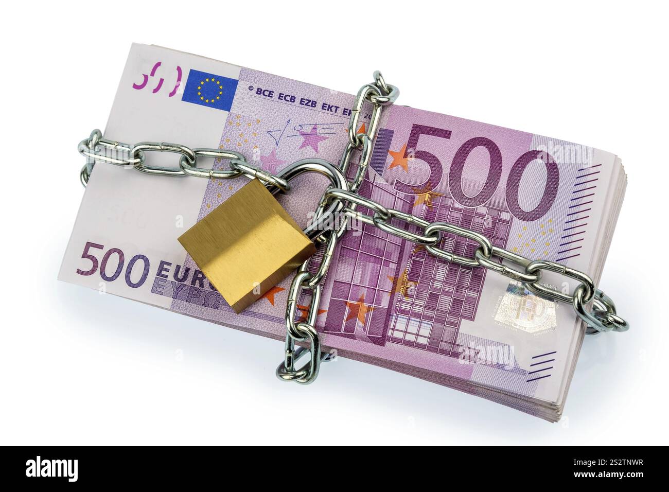 Euro-Banknoten mit Kette und Vorhängeschloss symbolischem Foto für Sicherheit und Inflation. Österreich Stockfoto
