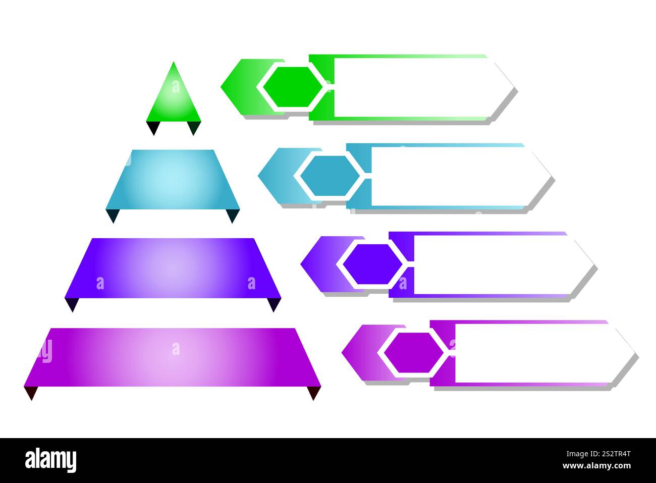Infografik von violett mit blauem und grünem Dreieck, geteilt und geschnitten und Platz für Text, Pyramidenform vier Schichten für die Präsentation von Geschäften Stock Vektor