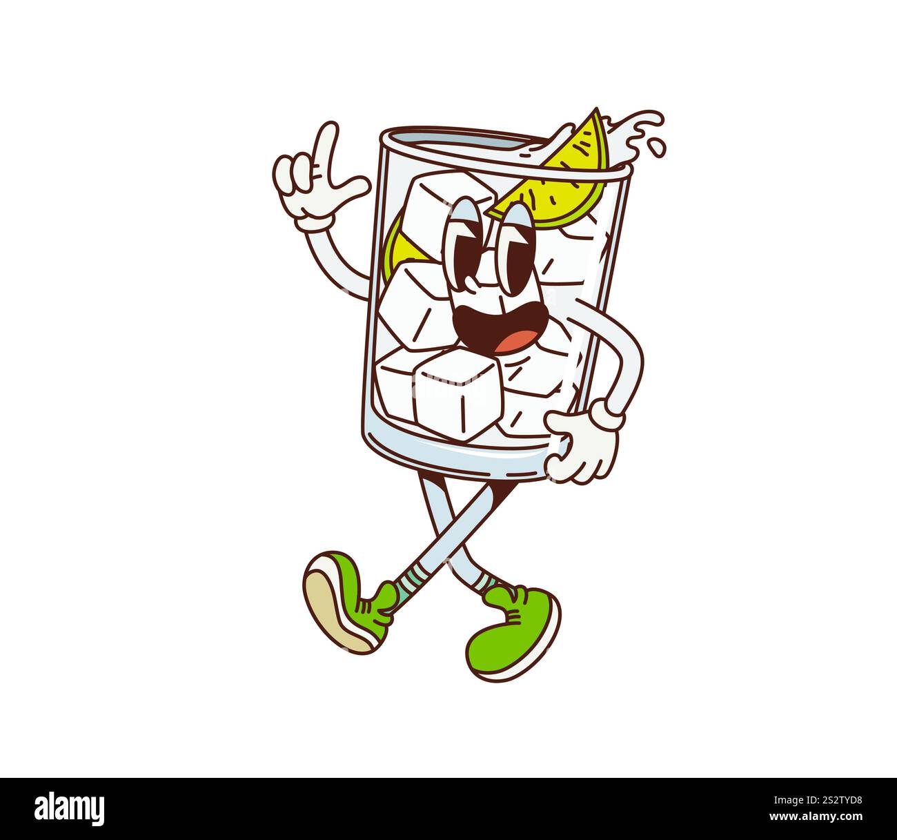 Cartoon Retro Grooviger Gin und Tonic Charakter. Isoliertes Vektor-lebendiges Glas gefüllt mit Eiswürfeln, Limettenscheiben und spritzender Flüssigkeit, tanzt vor Spannung. Funky Alkoholgetränk Persönlichkeit strahlt Spaß aus Stock Vektor
