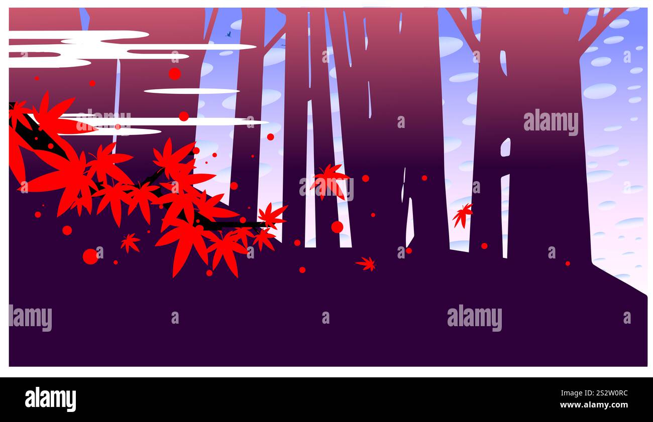 Herbstlaub tanzt im Wald und Herbsthimmel Stockfoto