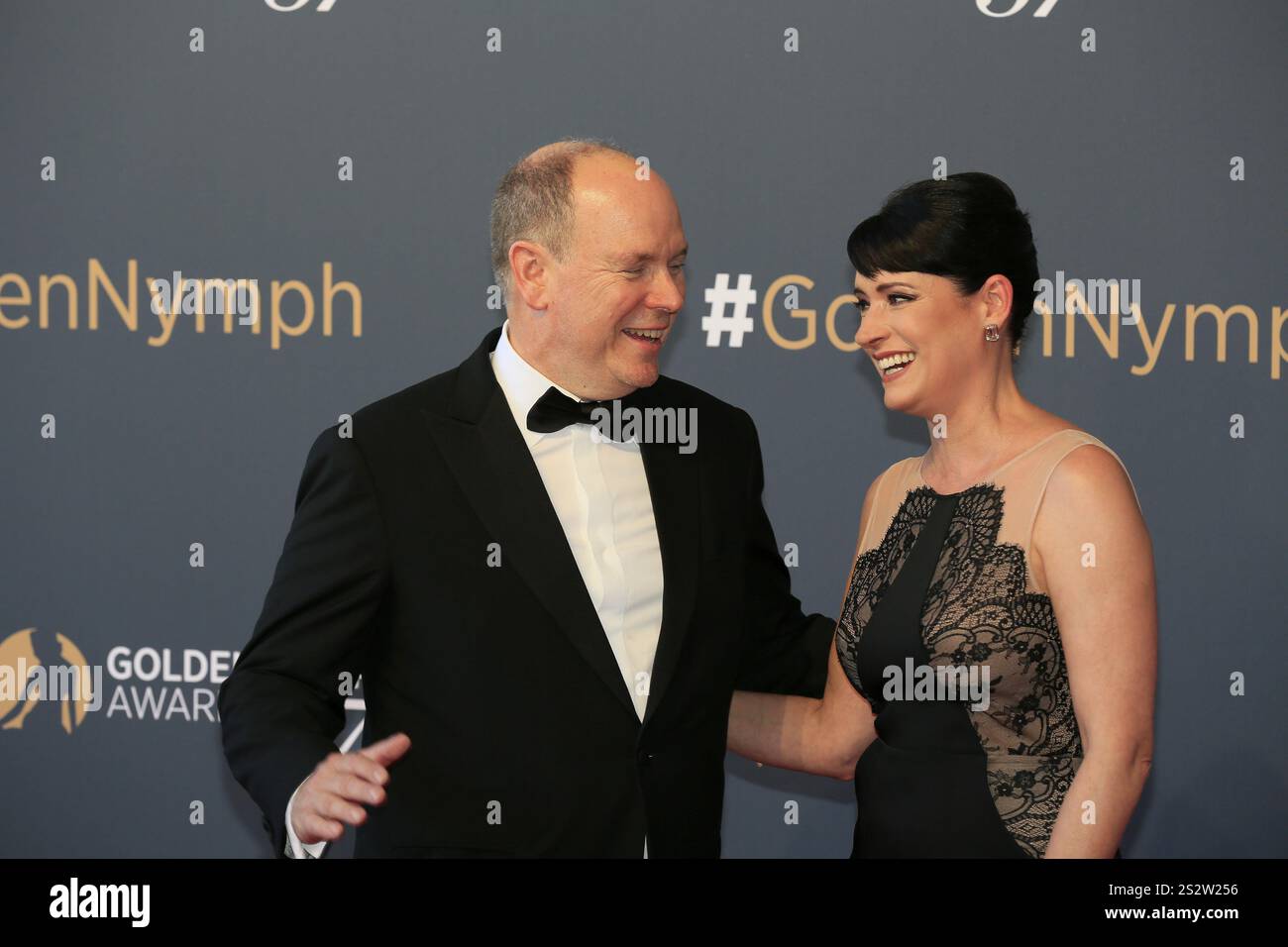 Paget Brewster und Prinz Albert II. Von Monaco, Nymphes d'Or Preisverleihung, 57. Festival de Television de Monte-Carlo, TV Festival Monte-Carlo, Princ Stockfoto