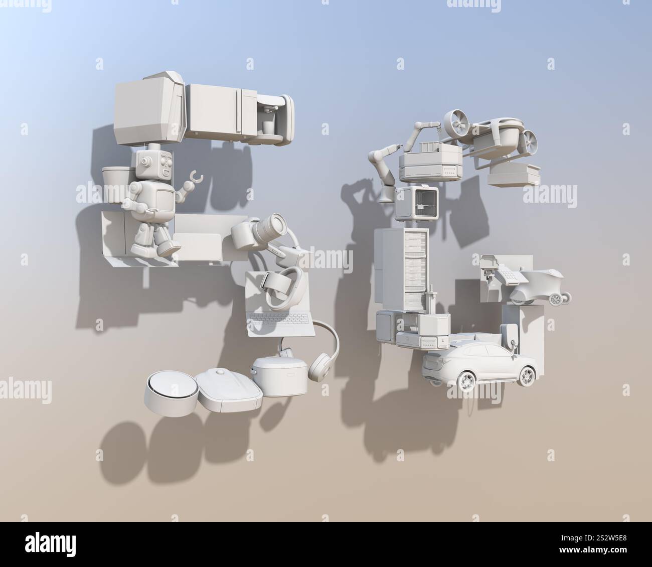 5G-Buchstaben kombiniert mit weißen Haushaltsgeräten, Drohnen und Autos. „5G“-Konzept. Stockfoto
