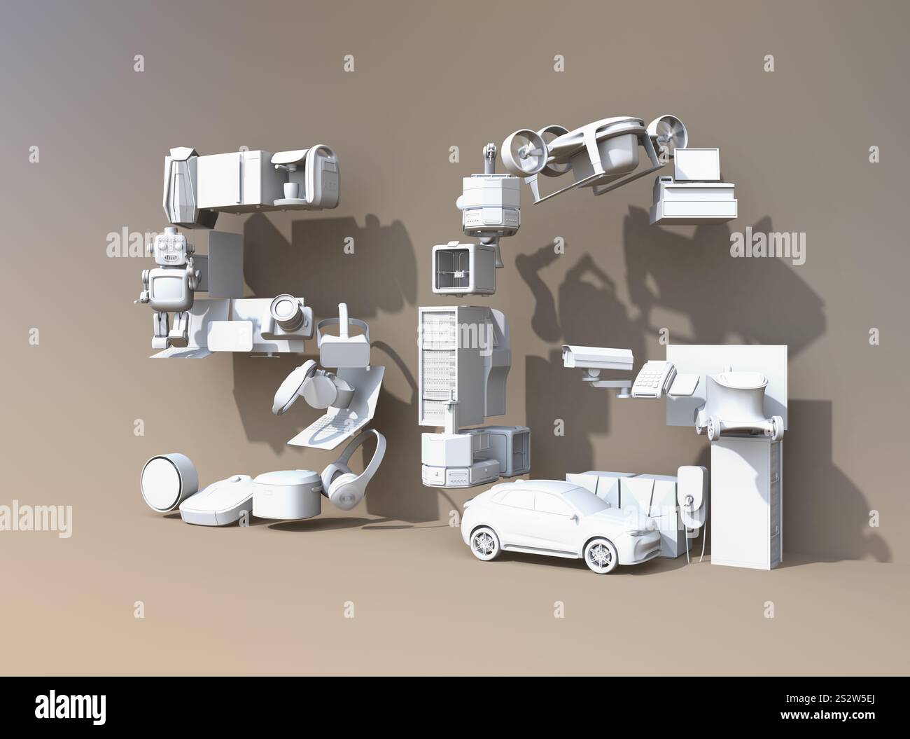 „5G“-Buchstaben in Kombination mit weißen Geräten, Drohnen und Autos. „4G“-Konzept. Stockfoto