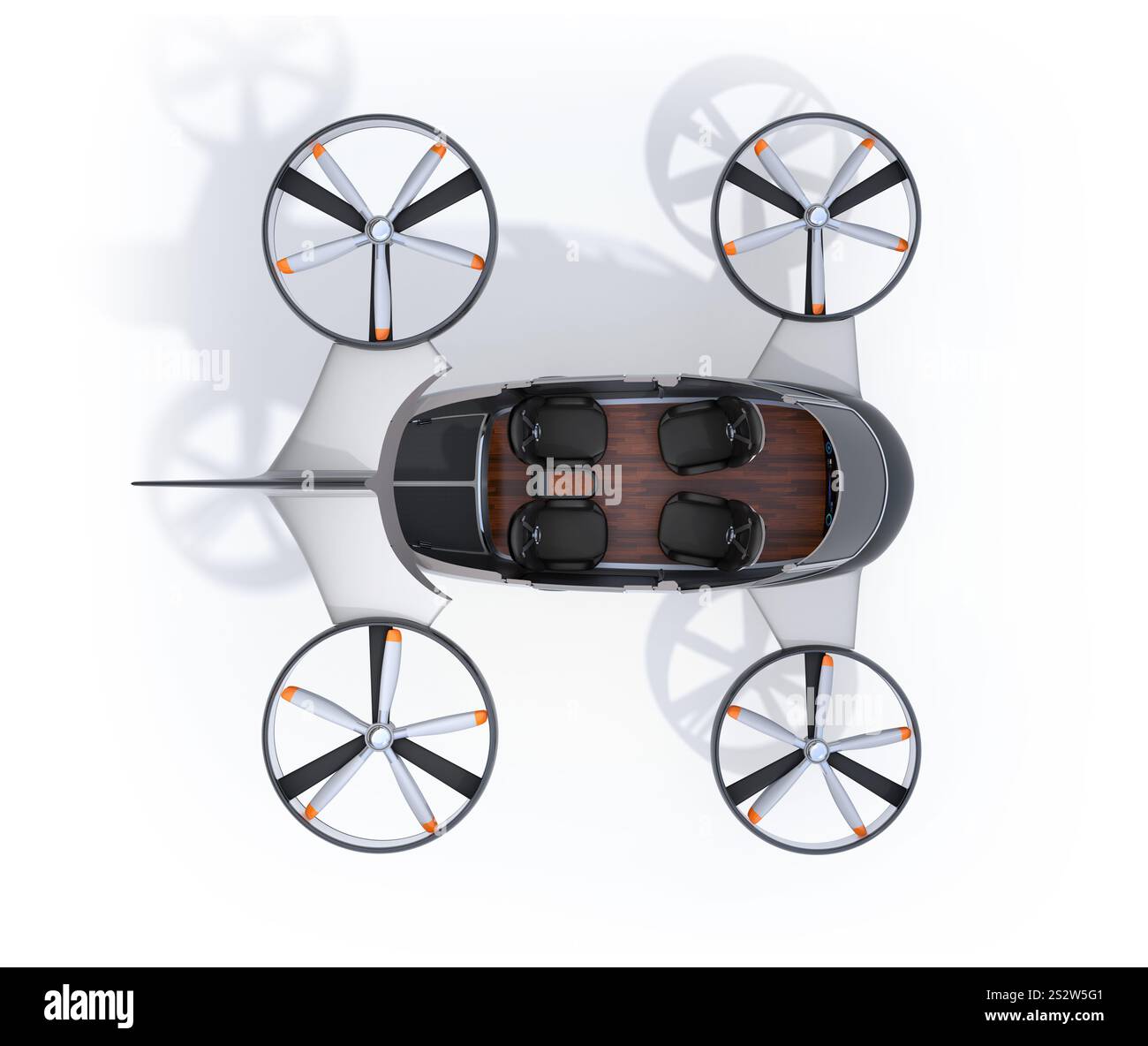 Draufsicht eines Cutaway-Modells eines automatisierten Drohnenrumpfes. Innenraumkonzept für fliegende Autos. Stockfoto